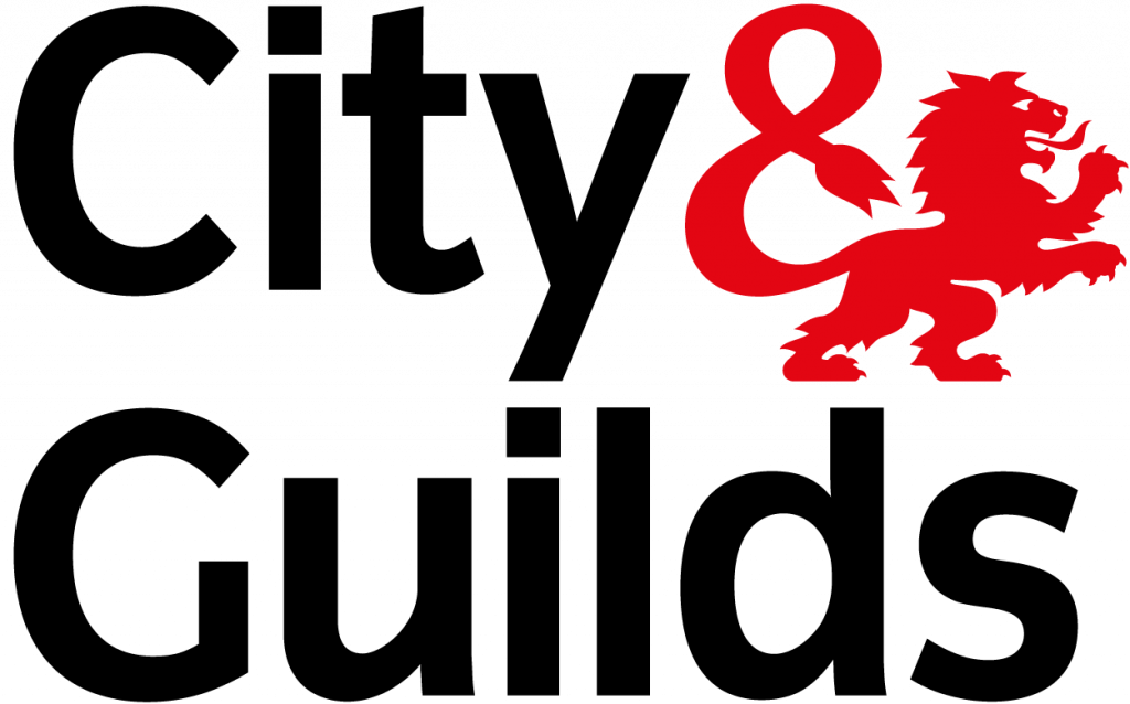 city & guilds badge, black text with a red lion for quality and training assurance.