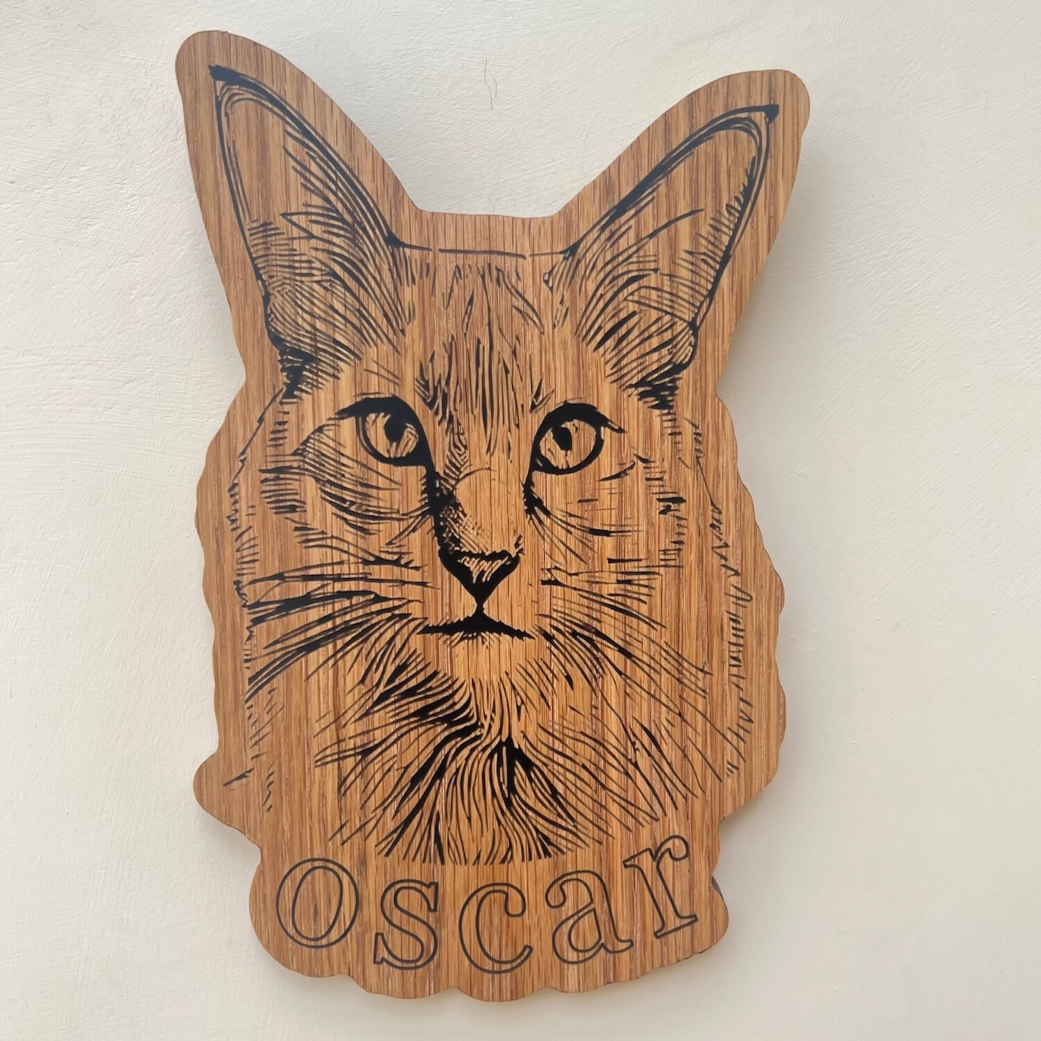 Personalised cat portrait plaque UK – engraved wooden pet memorial in oak.