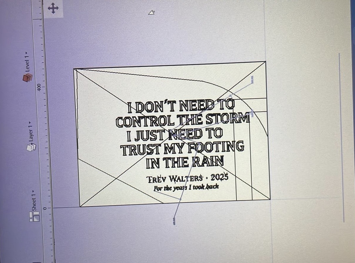 Artwork layout prepared in CNC software for precision engraving onto a live edge oak plaque.