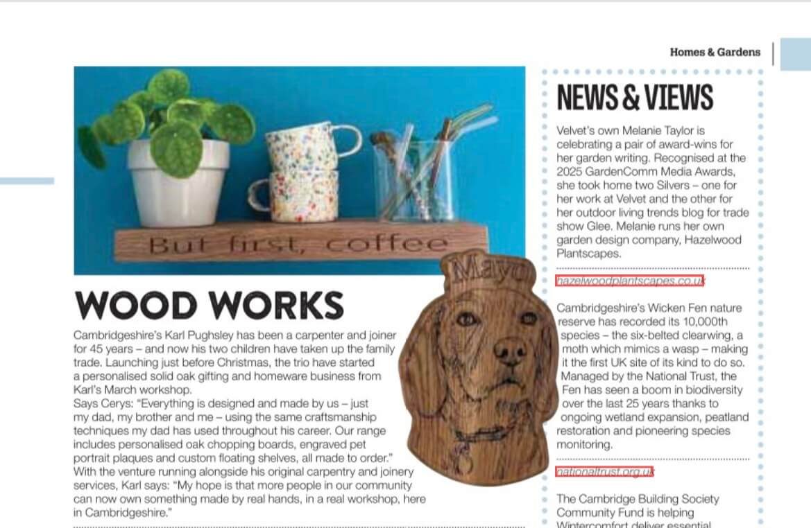 Velvet Magazine newspaper feature showcasing carpentry and joinery work in Cambridgeshire.