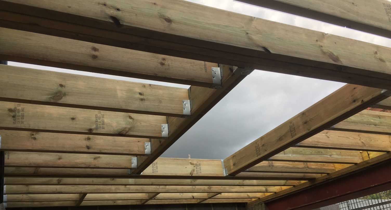 Roof structure built as part of a commercial carpentry project in Cambridgeshire.