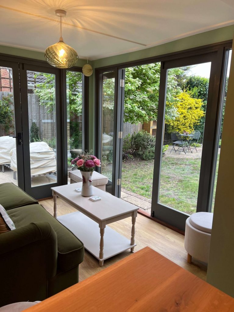 Interior of bespoke garden room with bar built by main contractor in Cambridgeshire.