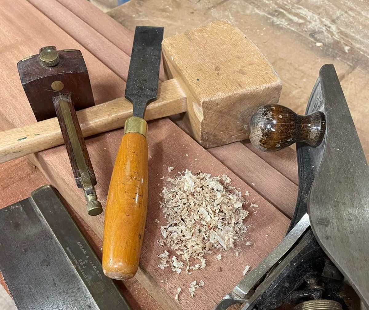 Traditional carpentry and joinery hand tools in a Cambridgeshire workshop.