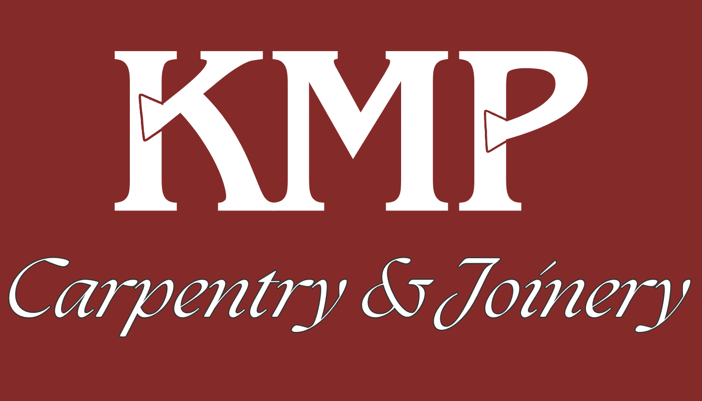 KMP Carpentry and Joinery Logo with white text on a burgundy background.
