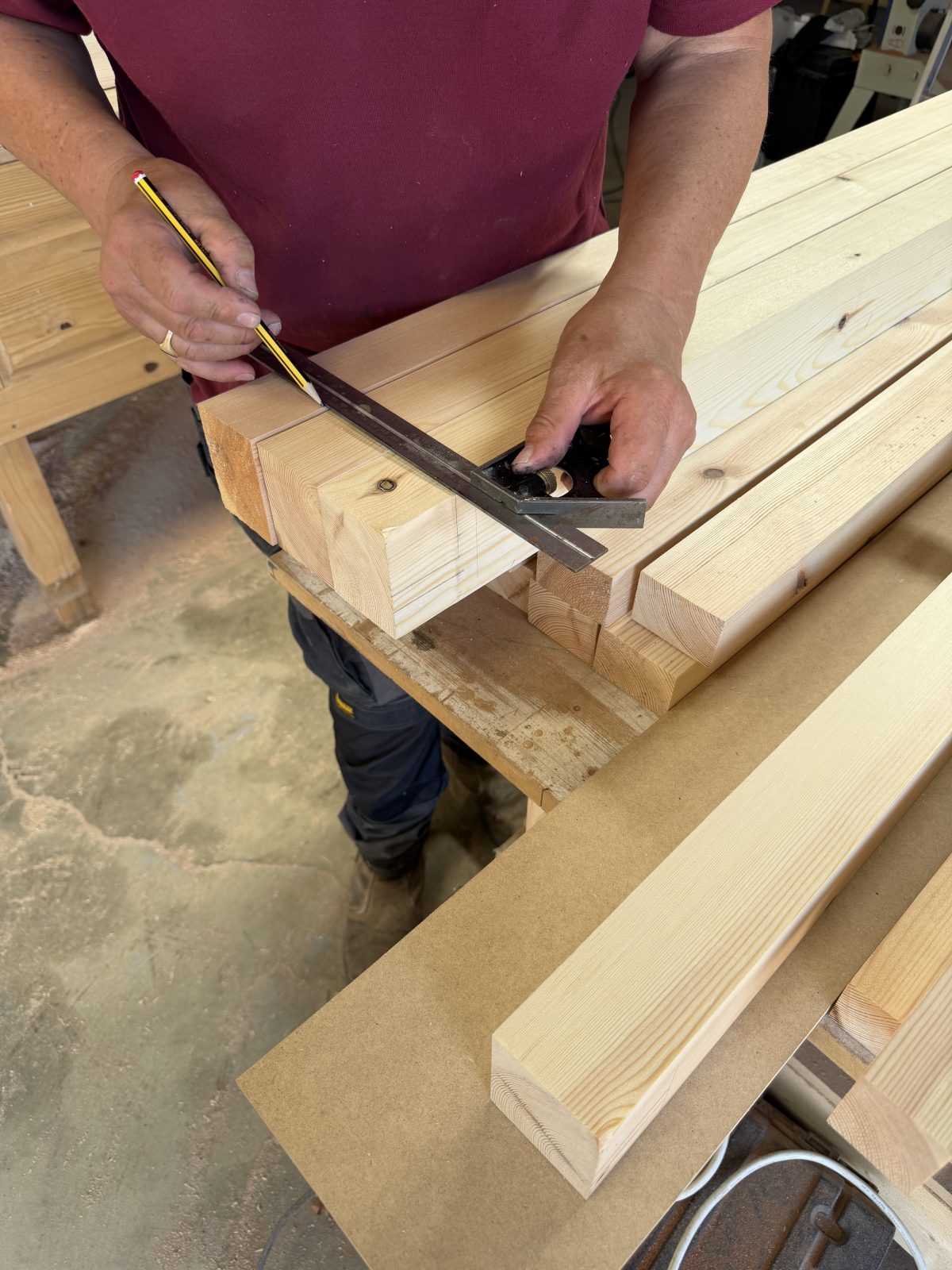 Marking out a traditional timber joint by hand in our Cambridgeshire joinery workshop.