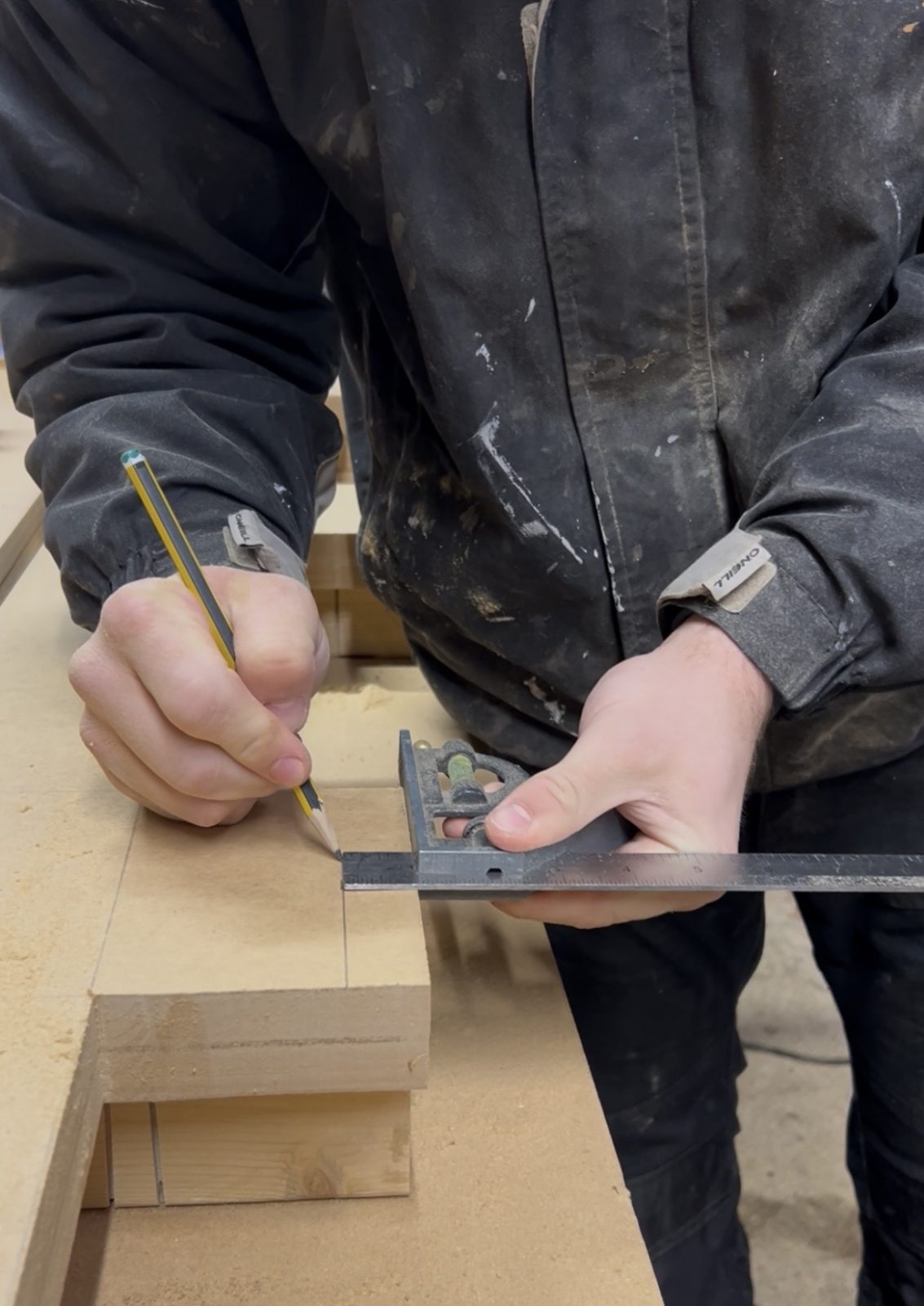 Joiner measuring timber in the workshop before building bespoke fitted furniture.